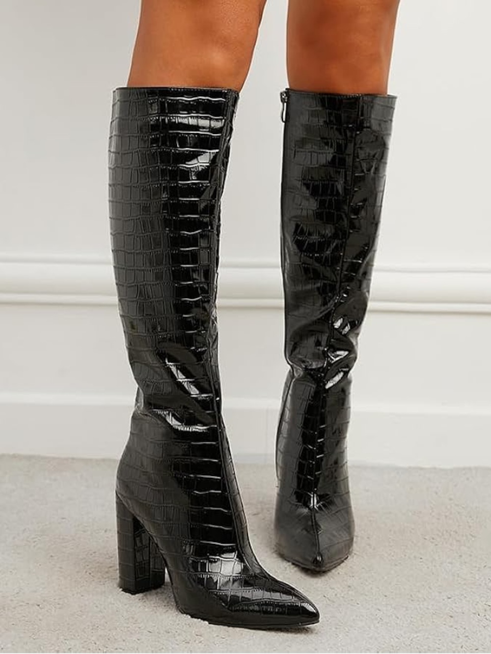 (N8)WETKISS Women's Knee High Boots, Square Toe, Zipperless,Faux Leather,Size 10